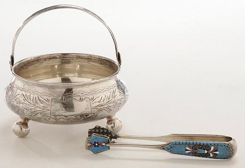 Russian Silver Basket and Enamel Tongs