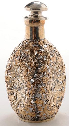 Chinese Export Glass Decanter with Silver Overlay