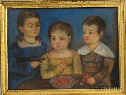 American School, 19th Century      Portrait of Three Children Eating Grapes.