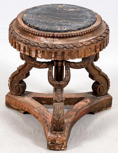 CARVED WALNUT & MARBLE SIDE TABLE