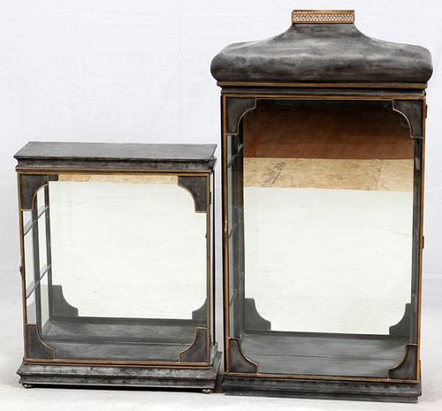 PATINATED METAL & GLASS CURIO CABINETS