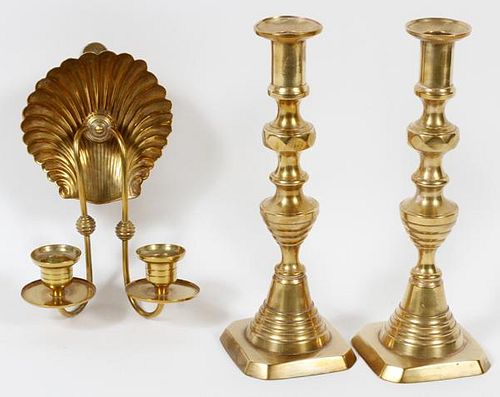 BRASS CANDLE SCONCE & PAIR OF CANDLESTICKS
