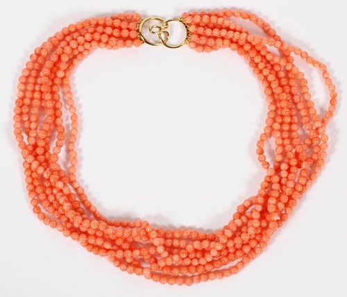 CORAL BEAD NECKLACE W/ YELLOW GOLD CLASP