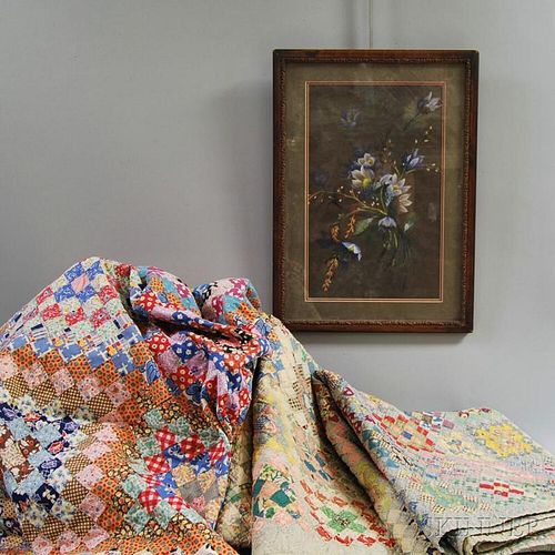 Three Patchwork Quilts and a Framed Pastel of Flowers