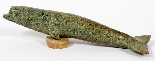 INUIT GREEN MOTTLED STONE FIGURE OF WHALE