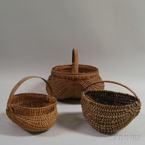 Three Handled, Melon-form, Woven Splint Baskets