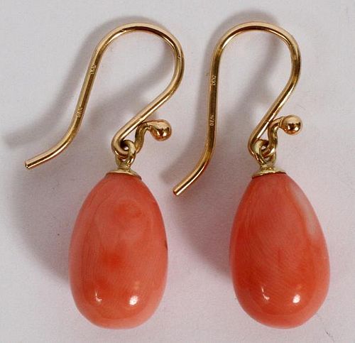 14KT YELLOW GOLD & CORAL DANGLE EARRINGS PAIR