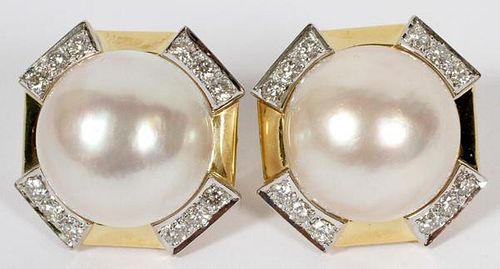 18KT GOLD MABE PEARL AND DIAMOND EARRINGS PAIR