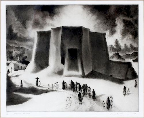 GENE KLOSS N.A. (AMERICAN 1903-1996), ETCHING/DRYPOINT, CEREMONY OF DOMINGO PUEBLOS, 48/50, H 20", W 23", "ENDURING SANCTUARY"