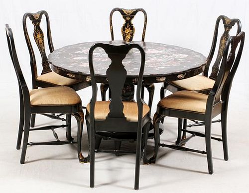 CHINOISERIE STYLE BLACK LACQUERED TABLE AND CHAIRS