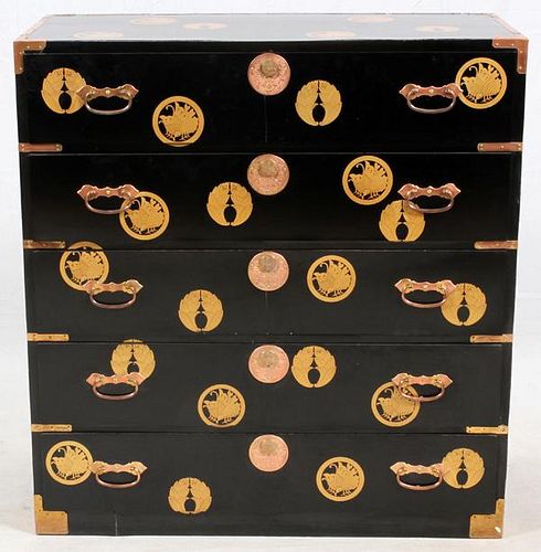 JAPANESE BLACK LACQUER 5 DRAWER CHEST WITH BRASS MOUNTS, 20TH C., H 39'', W 37'', D 17"