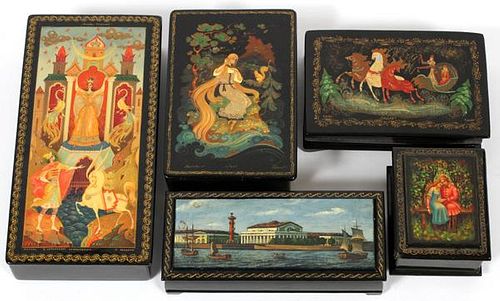 RUSSIAN LACQUERED BOXES GROUP OF FIVE