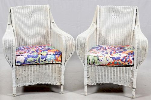 WHITE WICKER ARM CHAIRS ANTIQUE PAIR