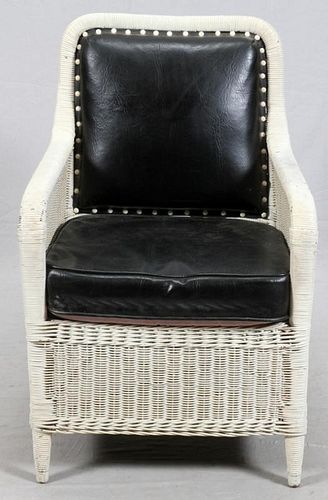 WHITE WICKER CHAIR W/ BLACK LEATHER CUSHIONS