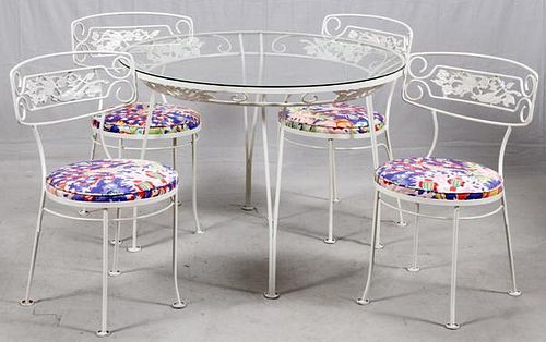 WHITE, WOODARD, WROUGHT IRON, WITH GLASS TOP, PATIO TABLE, 4 CHAIRS, 6 PIECE TOTAL