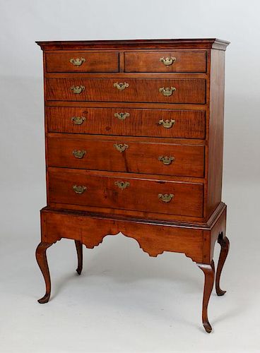 Chippendale Tiger Maple Chest on Stand, New England