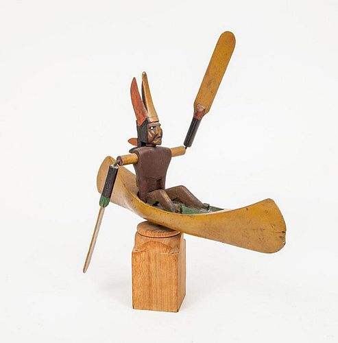 American Painted Wood Whirligig with Native American Figure in a Canoe