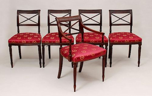 Set of Five Federal Style Carved Mahogany Dining Chairs, School of Duncan Phyfe