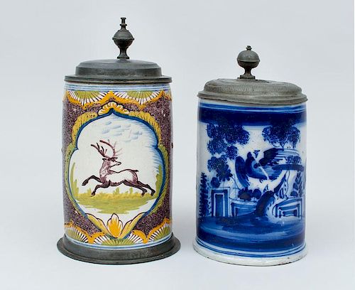 Two Continental Pottery Tankards with Lead Lids