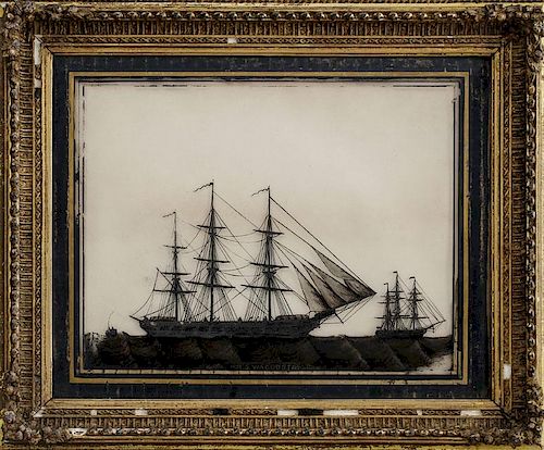 Victorian Reverse Painting on Glass, H.M.S. Wacousta