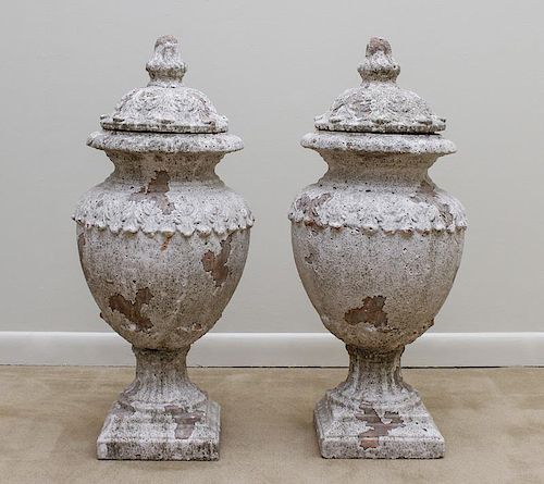Pair of White Painted Neoclassical Terracotta Covered Urns