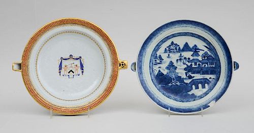Chinese Export Armorial Porcelain Warming Dish and a Canton Porcelain Warming Dish, in the 'Blue Willow' Pattern