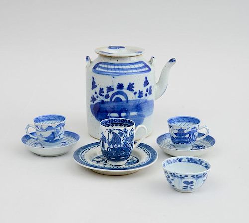 Group of Chinese Export Blue and White Porcelain Tea Articles