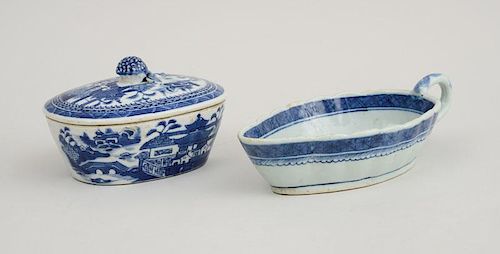 Small Canton Tureen and Cover, in the 'Blue Willow' Pattern, and a Blue and White Sauce Boat