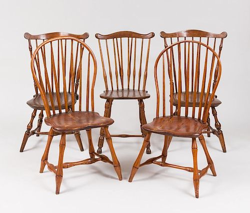 Miscellaneous Group of Five Elm and Maple Windsor Chairs
