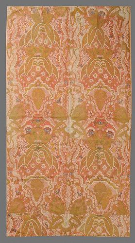 Crewelwork Tan-Ground Panel with Flowering Tree, a Silkwork Embroidered Panel and a Machine-Woven Peach-Ground Rug