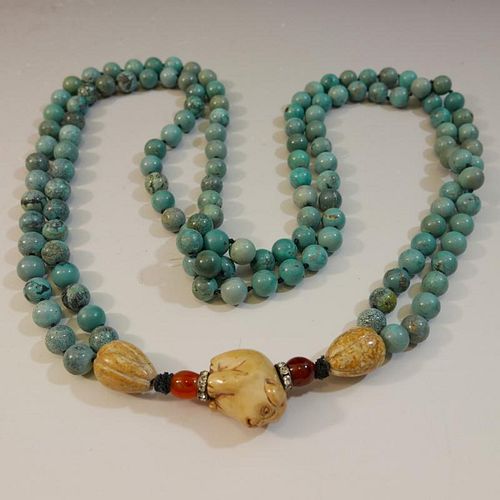 IMPRESSIVE TURQUOISE BEADS AND CARVED DOG NECKLACE 上等绿松石雕狗项链