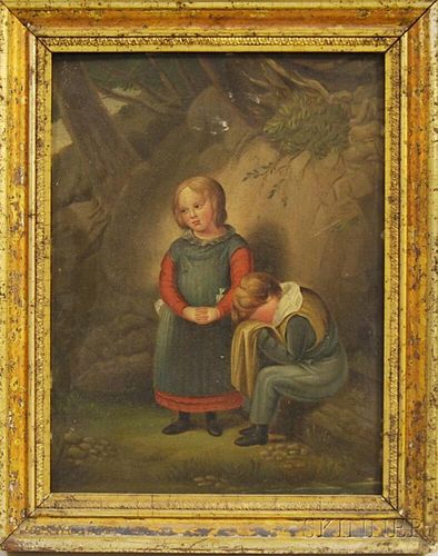 American School, 19th Century      Young Girl and Her Crying Brother by a Stream.