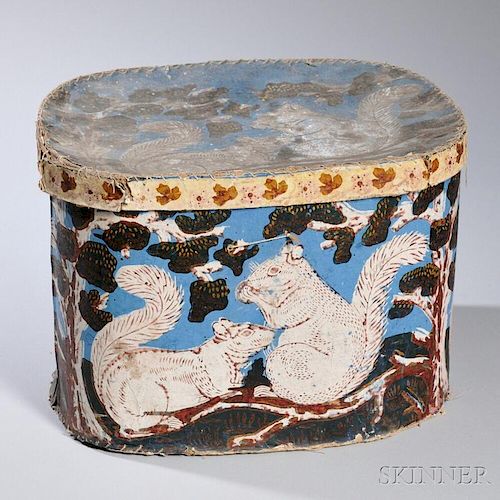 Wallpaper Hat Box with Squirrel Pattern Decoration