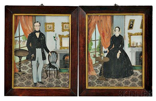 Pair of Watercolor and Gouache on Paper Portraits of a Man and Woman in Their Parlor