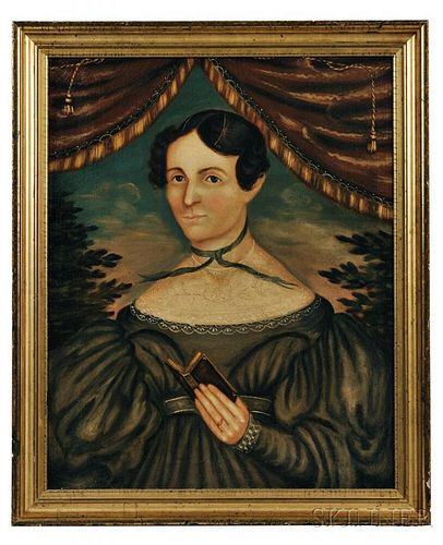 American School, Early 19th Century      Portrait of a Woman in a Gray-green Dress Holding a Book Under Tasseled Drapery