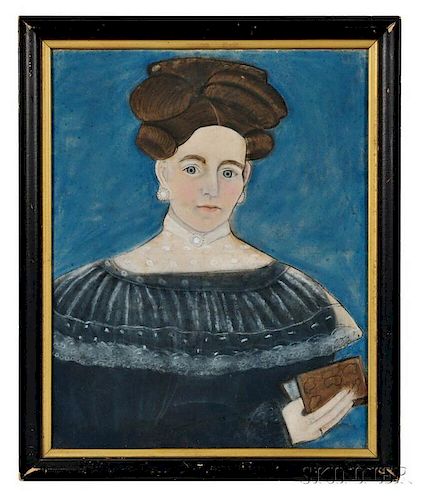 Attributed to Ruth W. Shute (1803-1882) and Dr. Samuel A. Shute (1803-1836)      Portrait of a Woman in a Black Dress Holding a Book