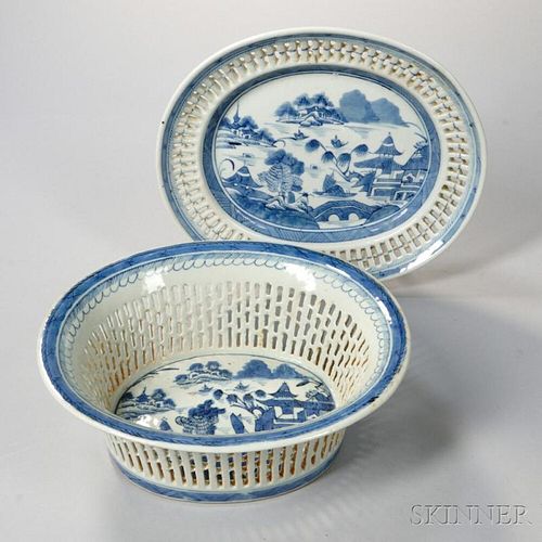 Canton Export Porcelain Fruit Basket and Undertray