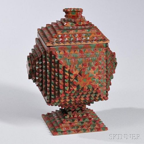Tramp Art Pedestal Box with Red- and Green-painted Highlights