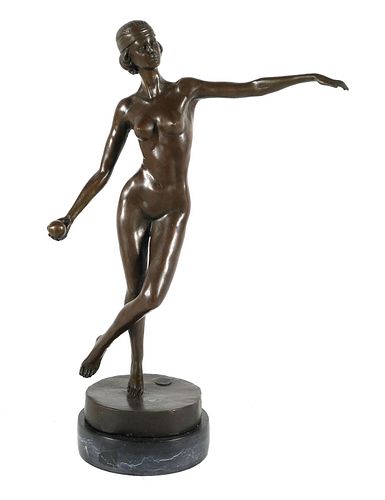 BRONZE NUDE SCULPTURE, WOMAN WITH BALL