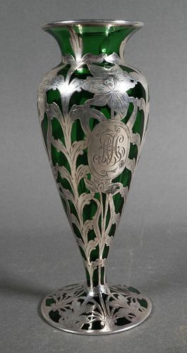 Antique Art Nouveau Glass Silver Vase