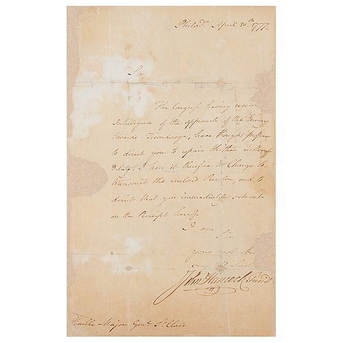 John Hancock Letter Signed to Arthur St. Clair