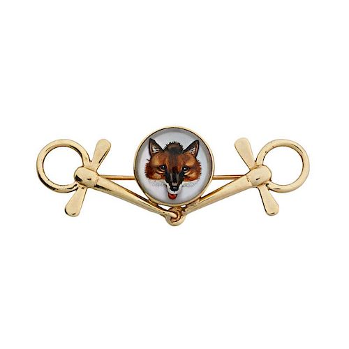 REVERSE CARVED CRYSTAL INTAGLIO EQUESTRIAN YELLOW GOLD BROOCH