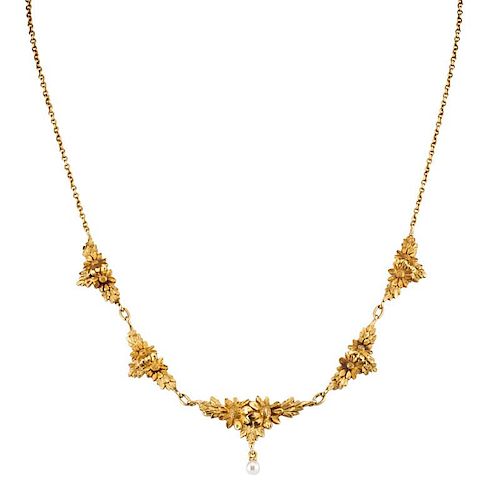 FRENCH ART NOUVEAU GOLD & PEARL DAISY NECKLACE