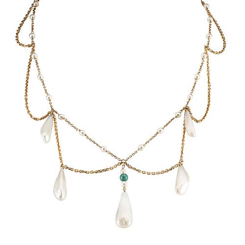 EDWARDIAN YELLOW GOLD & RIVER PEARL SWAG NECKLACE