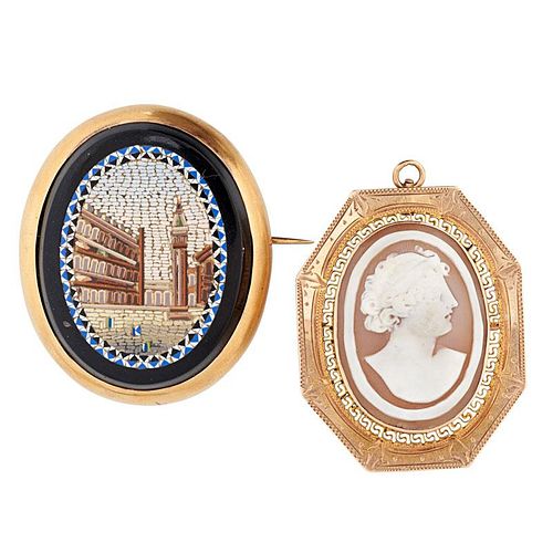 VICTORIAN CAMEO OR MICROMOSAIC & GOLD BROOCHES