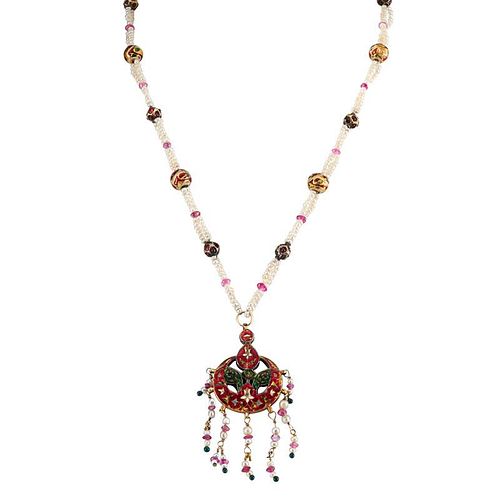 INDIAN GILT SILVER, PEARL, RUBY & GEM NECKLACE