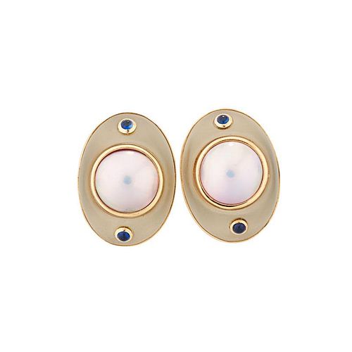 MABE PEARL CARVED ROCK CRYSTAL SAPPHIRE & YELLOW GOLD EAR CLIPS