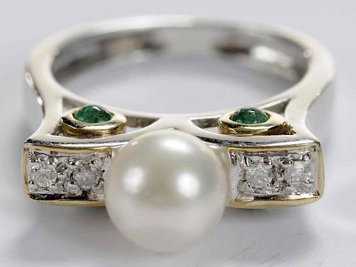 14 kt Gold, Pearl, Diamond and Emerald Ring
