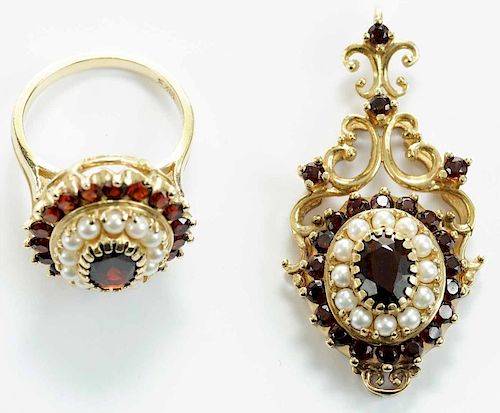 10 kt Gold, Garnet and Pearl Ring and Pendant
