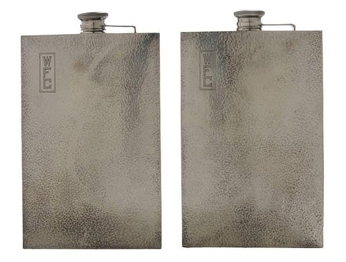 Pair Large Sterling Flasks, Leather